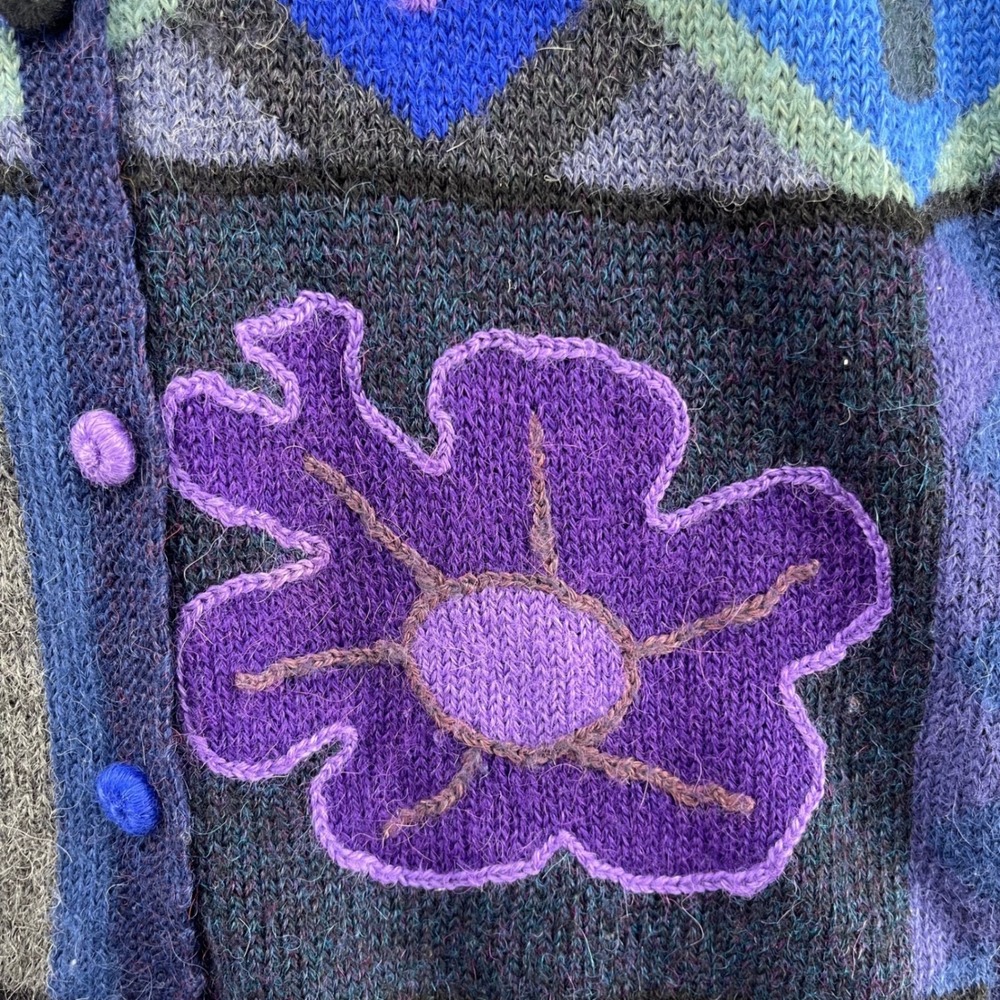 VTG La Vicunita Baby Alpaca Cardigan Sweater Blue Purple Floral Geometric Peru - Picture 7 of 8